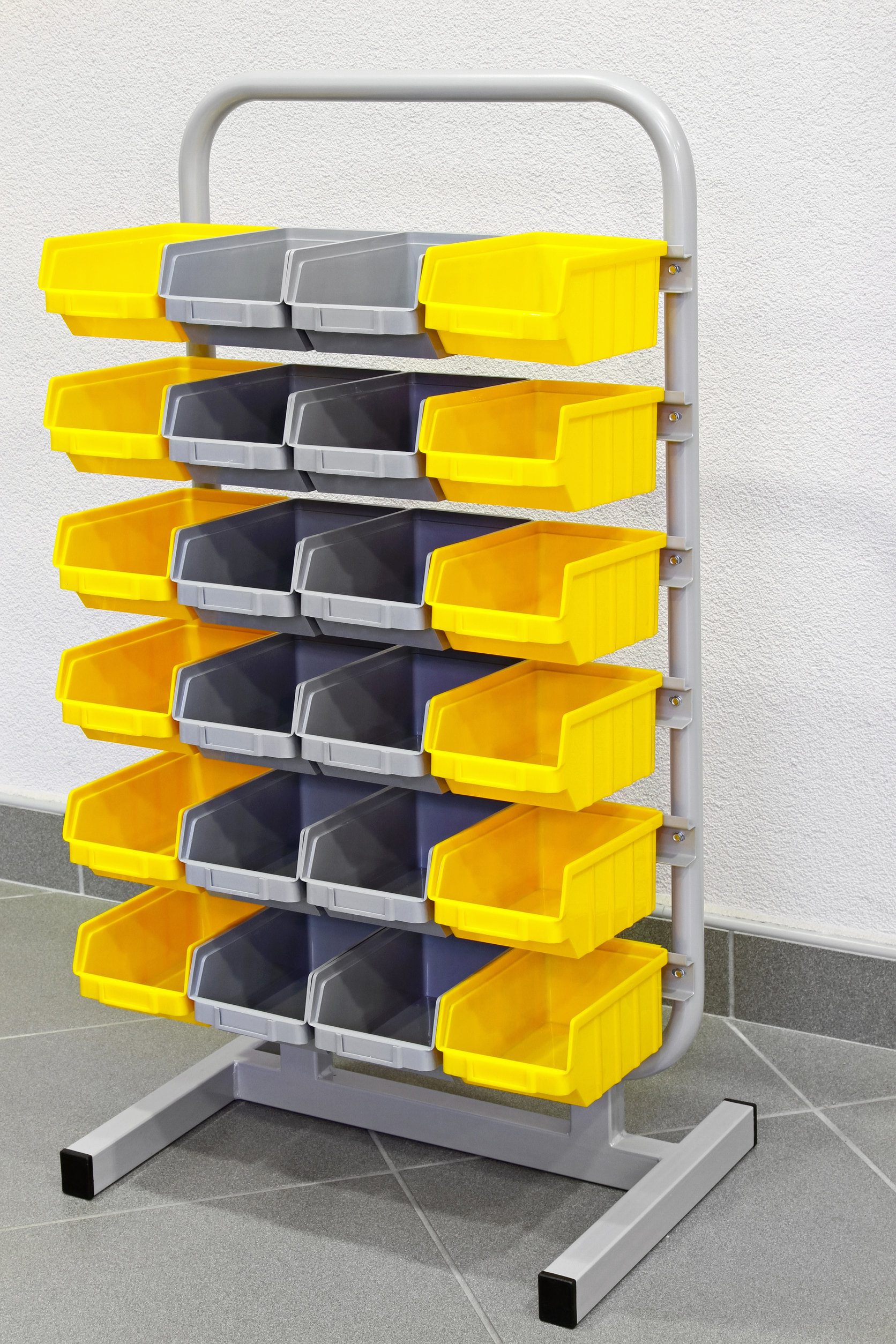 Shelf with plastic boxes for parts storage